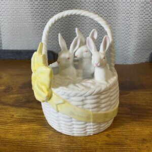 Ceramic Trio of Rabbits/Bunnies in a‎ Basket Music Box 5"H